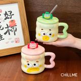  Cốc uống nước quà tặng cartoon biểu cảm bằng gốm kèm nắp, ống hút thuỷ tinh sinh nhật kỷ niệm 
