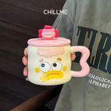  Cốc uống nước quà tặng cartoon biểu cảm bằng gốm kèm nắp, ống hút thuỷ tinh sinh nhật kỷ niệm 