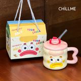  Cốc uống nước quà tặng cartoon biểu cảm bằng gốm kèm nắp, ống hút thuỷ tinh sinh nhật kỷ niệm 