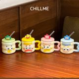  Cốc uống nước quà tặng cartoon biểu cảm bằng gốm kèm nắp, ống hút thuỷ tinh sinh nhật kỷ niệm 