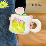  Cốc sứ uống nước hình bông hoa tulip Chillme quà tặng kèm thìa bông hoa trang trí dễ thương 