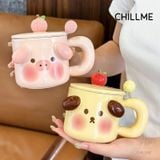  Cốc sứ uống nước có nắp Chillme hình heo và cún dễ thương đáng iu cute phù hợp quà tặng decor 