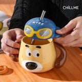  Cốc uống nước chú chó đội mũ dễ thương bằng sứ có nắp đậy kèm ống hút nhôm phù hợp quà tặng 