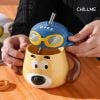 Cốc uống nước chú chó đội mũ dễ thương bằng sứ có nắp đậy kèm ống hút nhôm phù hợp quà tặng