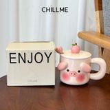  Cốc sứ uống nước có nắp Chillme hình heo và cún dễ thương đáng iu cute phù hợp quà tặng decor 