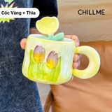  Cốc sứ uống nước hình bông hoa tulip Chillme quà tặng kèm thìa bông hoa trang trí dễ thương 