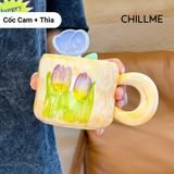  Cốc sứ uống nước hình bông hoa tulip Chillme quà tặng kèm thìa bông hoa trang trí dễ thương 