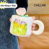  Cốc sứ uống nước hình bông hoa tulip Chillme quà tặng kèm thìa bông hoa trang trí dễ thương 