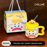  Cốc uống nước quà tặng cartoon biểu cảm bằng gốm kèm nắp, ống hút thuỷ tinh sinh nhật kỷ niệm 