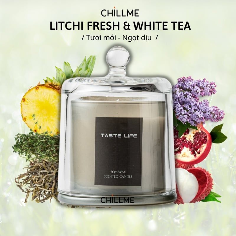  Nến thơm nắp chuông Chillme hương tươi mới ngọt dịu 150g - Litchi Fresh Gray & White Tea 