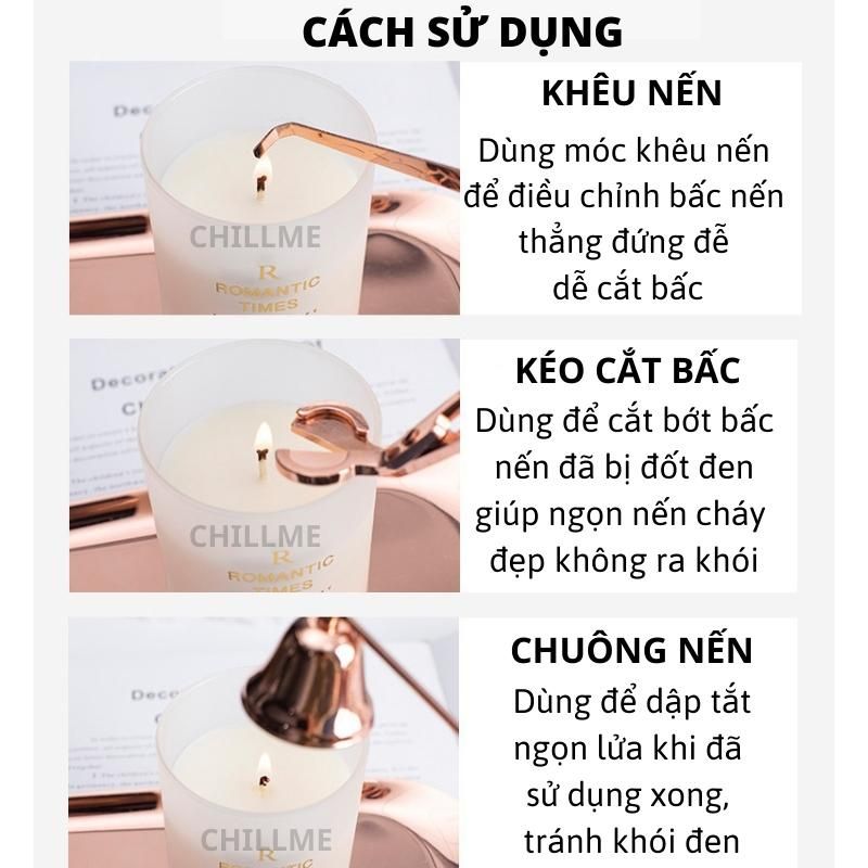  Bộ phụ kiện chăm sóc nến thơm cao cấp 3 món gồm khêu, chuông, kéo cắt bấc 