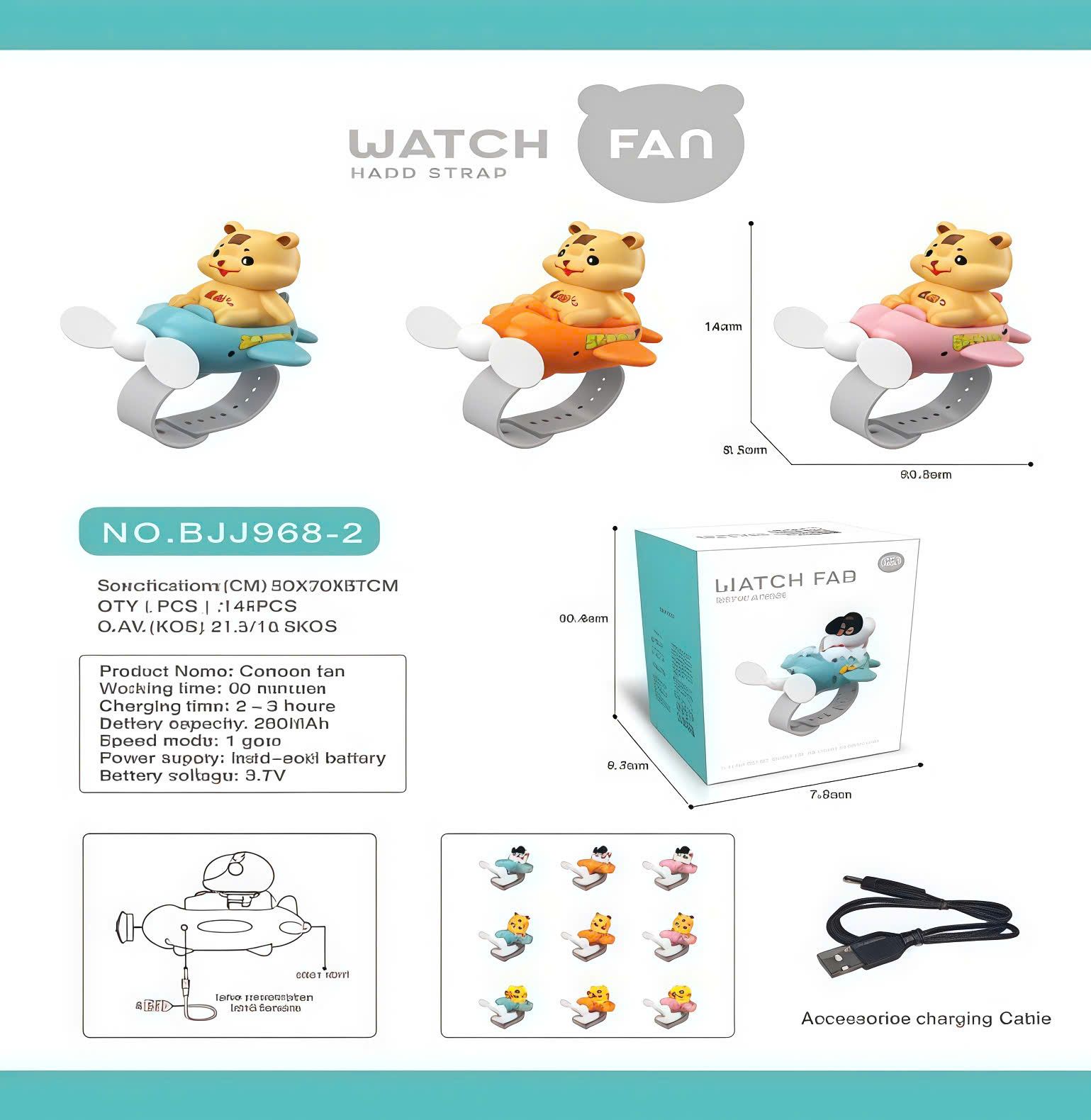  Quạt Mini Đeo Cổ Tay hình Vịt, Phi Hành Gia, Con Hổ No. BJJ968-1,2,3 