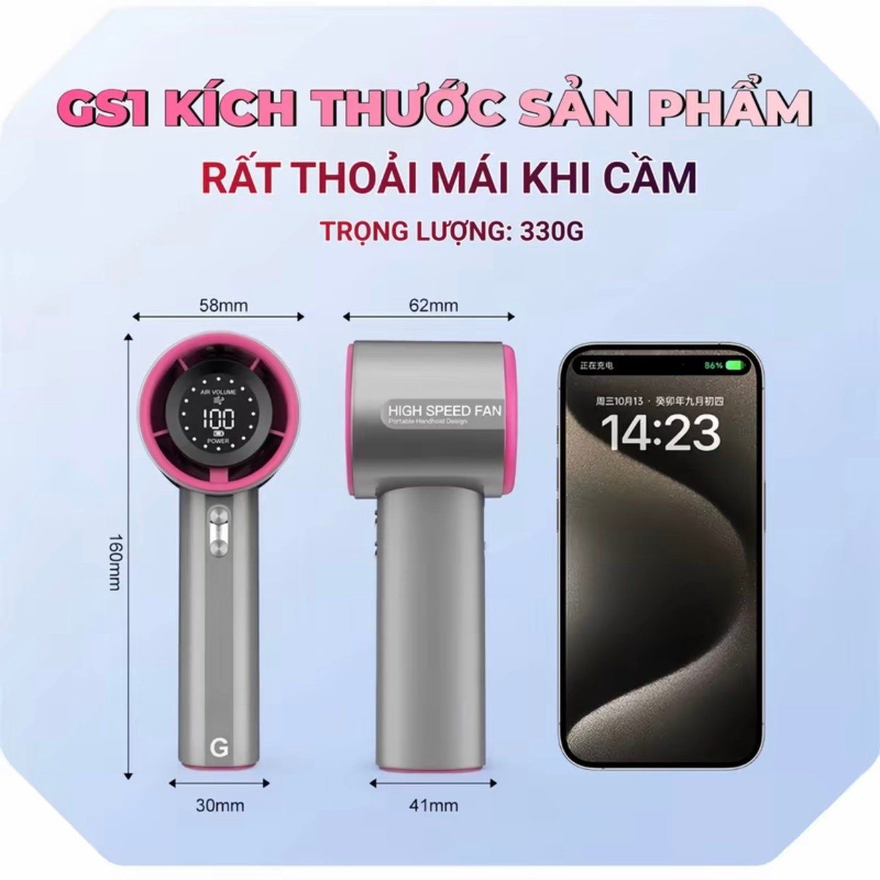  Quạt cầm tay tốc độ cao (Handleld Fan) màn hình LED, (100 - speed) dung lượng cao 4000 mAh GS1 