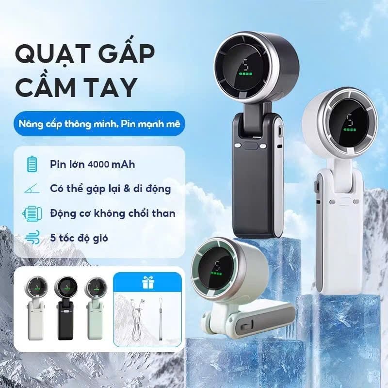  Quạt cầm tay Turbo tốc độ cao (Handheld Fan) kết hợp chân đế để bàn tiện lợi, dung lượng cao 3600 mAh, Model: 607 
