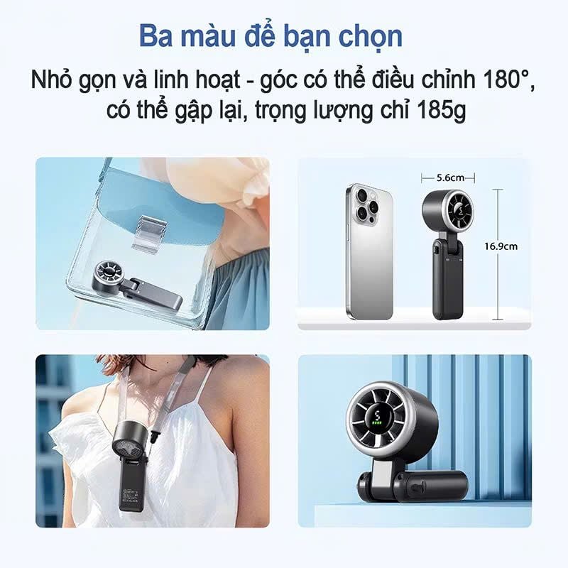  Quạt cầm tay Turbo tốc độ cao (Handheld Fan) kết hợp chân đế để bàn tiện lợi, dung lượng cao 3600 mAh, Model: 607 