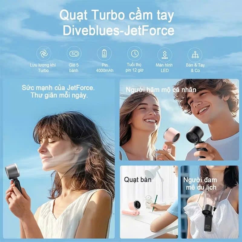  Quạt cầm tay Turbo tốc độ cao (Handheld Fan) kết hợp chân đế để bàn tiện lợi, dung lượng cao 3600 mAh, Model: 607 