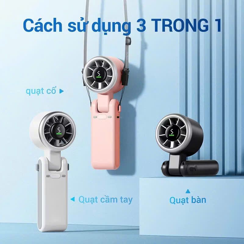  Quạt cầm tay Turbo tốc độ cao (Handheld Fan) kết hợp chân đế để bàn tiện lợi, dung lượng cao 3600 mAh, Model: 607 