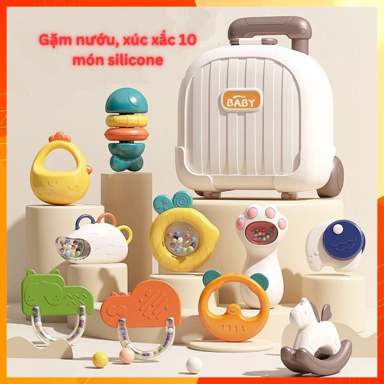  Đồ chơi trẻ em : Bộ vali kéo 10 phụ kiện xúc xắc gặm nướu vali kéo ngộ nghĩnh, phù hợp cho bé trên 3 tháng tuổi No. 6661-3 