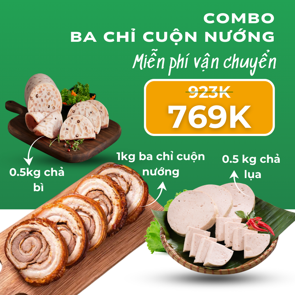 Combo Giò Chả Sạch 1kg + Ba Chỉ Cuộn Nướng 1kg – Giao Nóng Mỗi Ngày