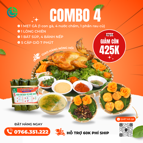 Combo 4 Gà Ta Nướng Rượu Cách Thủy Cửu Long – Kèm Bánh Nếp, Giò 7 Phút, Súp & Rau Dưa