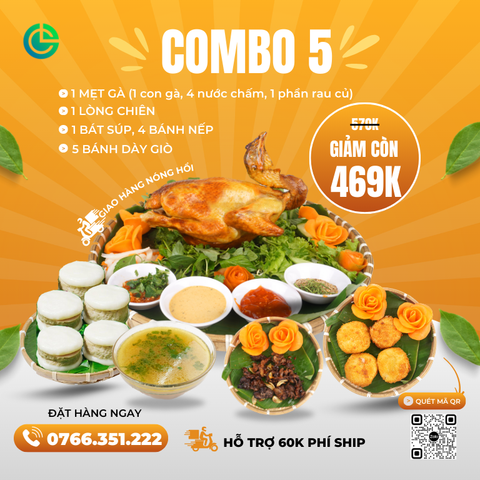 Combo 5 Gà Ta Nướng Rượu Cách Thủy Cửu Long – Kèm Bánh Giầy Giò, Súp, Rau Dưa