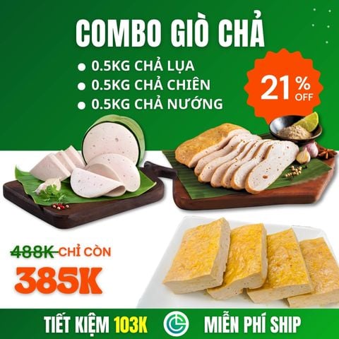 Combo Giò Chả Sạch – 0.5kg Chả Lụa + 0.5kg Chả Chiên + 0.5kg Chả Nướng, Giao Nóng Trong Ngày