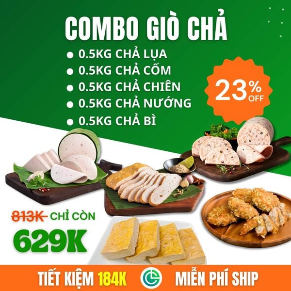 Combo Giò Chả Sạch 5 Món 2.5kg – Chả Lụa, Chả Huế, Chả Chiên, Chả Cốm, Chả Bì