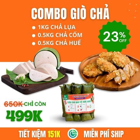 Combo Giò Chả Sạch – 1kg Chả Lụa + 0.5kg Chả Cốm + 0.5kg Chả Huế, Giao Nóng Trong Ngày