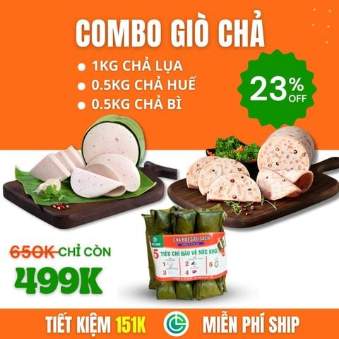 Combo Giò Chả Sạch – 1kg Chả Lụa + 0.5kg Chả Huế + 0.5kg Chả Bì, Giao Nóng Trong Ngày
