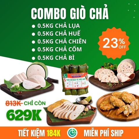 Combo Giò Chả Sạch 5 món 2.5kg – Chả Lụa, Chả Huế, Chả Chiên, Chả Cốm, Chả Bì