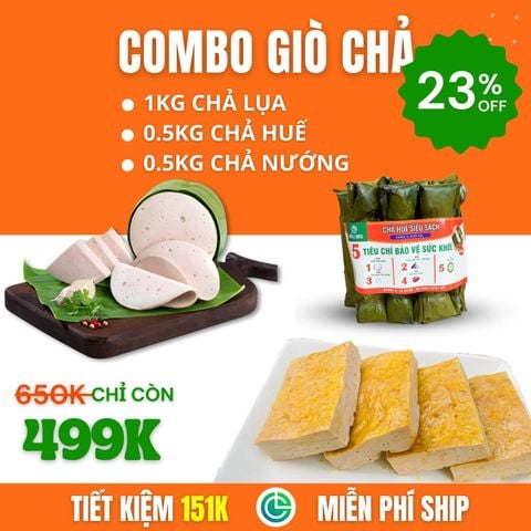 Combo Giò Chả Sạch – 1kg Chả Lụa + 0.5kg Chả Huế + 0.5kg Chả Nướng, Giao Nóng Trong Ngày
