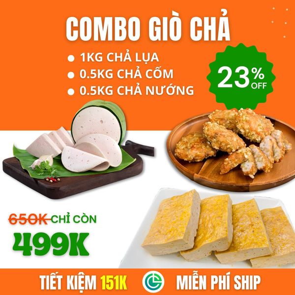 Combo Giò Chả Sạch – 1kg Chả Lụa + 0.5kg Chả Cốm + 0.5kg Chả Nướng, Giao Nóng Trong Ngày