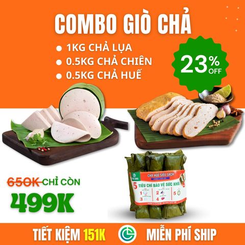 Combo Giò Chả Sạch – 1kg Chả Lụa + 0.5kg Chả Chiên + 0.5kg Chả Huế, Giao Nóng Trong Ngày