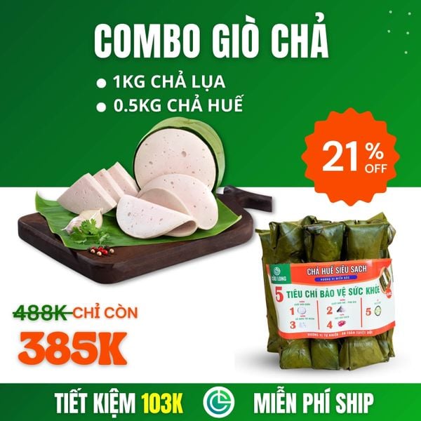 Combo Giò Chả Sạch – 1kg Chả Lụa + 0.5kg Chả Huế Gói Lá Chuối, Giao Nóng Trong Ngày