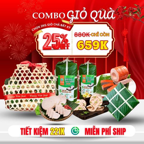 Combo Giỏ Quà Giò Chả Sạch 2kg + Bánh Chưng Truyền Thống – Giao Nóng Mỗi Ngày