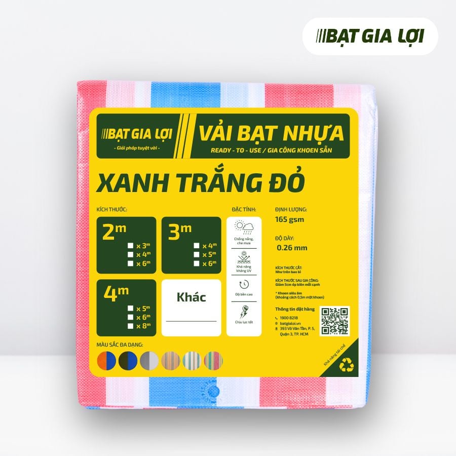  [Bạt Che] Bạt Che Nắng, Bạt Che Mưa PE Sọc Xanh Trắng Đỏ 165gr/m2 