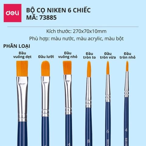 Bộ 6 cọ vẽ chuyên nghiệp Deli 73885 - dùng cho màu nước/bột/sơn acrylic