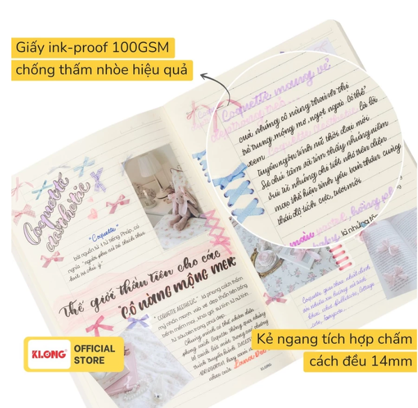 Vở Kẻ Ngang Chấm May Dán Gáy KLONG Pastel Coquette B5 80 trang 100/76