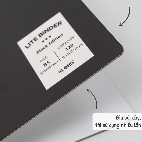 File bìa còng giấy để sổ còng 2 đầu 10 chấu KLong MS 808 B5 Lite Binder Bìa còng đen black edition