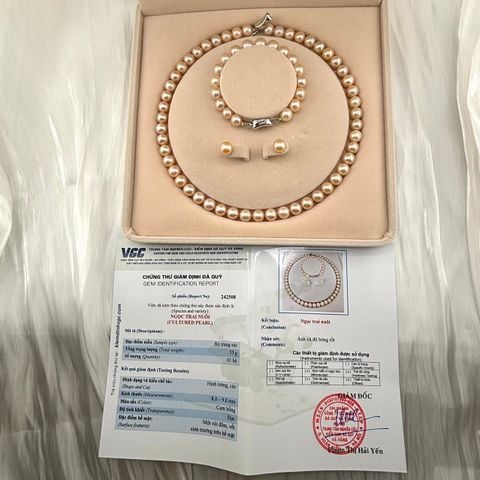 [Kèm Kiểm Định] Bộ Set Trang Sức Ngọc Trai Hồng Tròn Tự Nhiên AAA 8-9mm Hoàn Hảo Gồm Vòng cổ + Vòng Tay + Bông tai MADAME HIEN PEARLS SCT002H