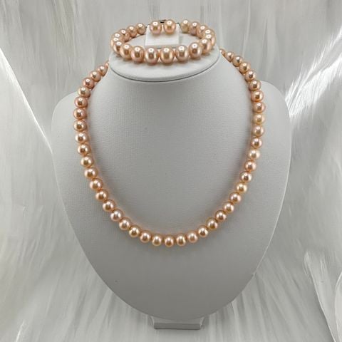 [Kèm Kiểm Định] Bộ Set Trang Sức Ngọc Trai Hồng Tròn Tự Nhiên AAA 8-9mm Hoàn Hảo Gồm Vòng cổ + Vòng Tay + Bông tai MADAME HIEN PEARLS SCT002H
