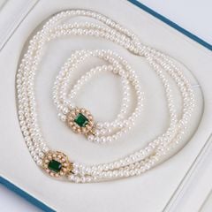Vòng Tay Ngọc Trai 3 Dây Ngọc Khoá Ngọc Bích Phong Cách Hoàng Gia MADAME HIEN PEARLS Cho Nữ VTT109