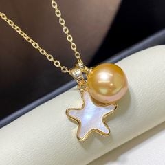 Vòng Cổ Mặt Hạt Ngọc Trai Tự Nhiên Vàng Tròn Edison Đính Ngôi Sao Vỏ Sò MADAME HIEN PEARLS Sang Chảnh MT010