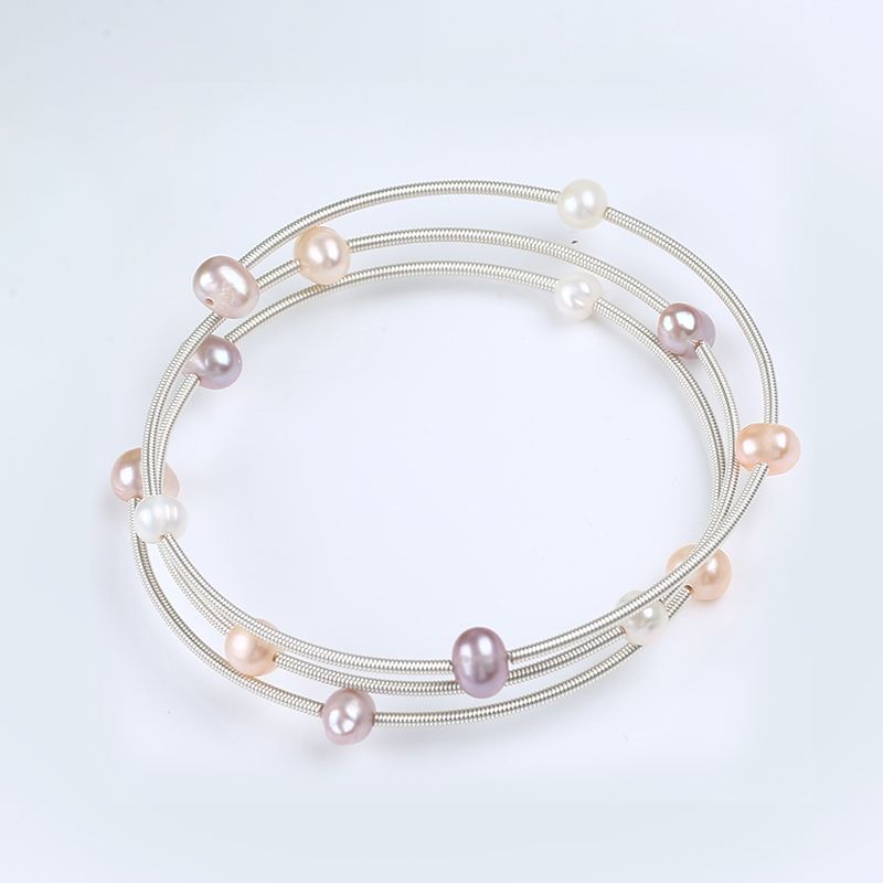 Vòng Đeo Tay Ba Vòng Tròn Đính Ngọc Trai Đa Sắc Kiểu Còng Cứng Đính Ngọc Trai MADAME HIEN PEARLS VTG010