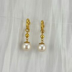 Bông Tai Vàng Thật 10K 4' Móc Tròn Tua Rua Bi Vàng Đính 1 Hạt Ngọc Trai 9mm Tròn Cao Cấp MADAME HIEN PEARLS V10BTT007