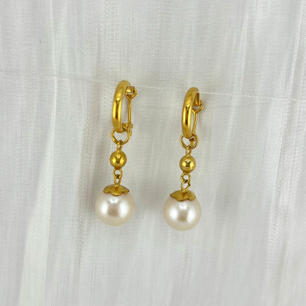 Bông Tai Vàng Thật 10K 4' Móc Tròn Tua Rua Bi Vàng Đính 1 Hạt Ngọc Trai 9mm Tròn Cao Cấp MADAME HIEN PEARLS V10BTT007