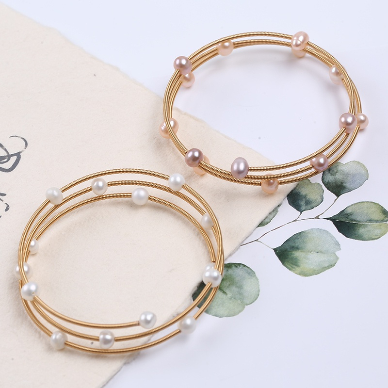 Vòng Tay Ngọc Trai Tự Nhiên Dạng Còng Cứng 3 Vòng Hạt 4mm Freesize MADAME HIEN PEARLS VTT106