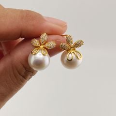 Bông Tai Vàng Thật Đính Ngọc Trai 10-11mm AAAA Tròn Hoàn Hảo V10BTT001