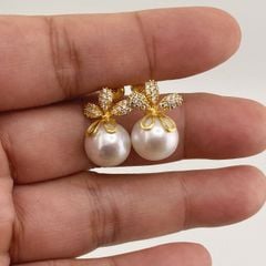 Bông Tai Vàng Thật Đính Ngọc Trai 10-11mm AAAA Tròn Hoàn Hảo V10BTT001