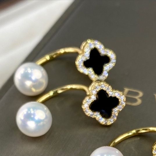 Bông Tai Kim Bạc Đính Ngọc Trai Tự Nhiên Mặt Cỏ 4 Lá Hoạ tiết LV 2 Cách Đeo MADAME HIEN PEARLS Thời Trang Nữ BTN187